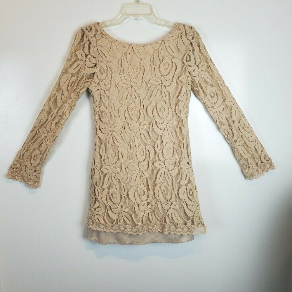 Fire Los Angeles Womens Beige Scoop Back Long Sleeve Lined Lace Tunic Top Small